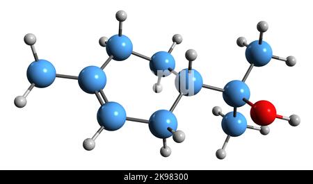 3D image de la formule squelettique de l'alpha-terpinéol - structure chimique moléculaire du monoterpénoïde isolé sur fond blanc Banque D'Images