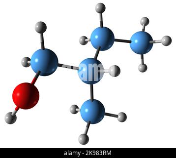 3D image de la formule squelettique de l'alcool amylique - structure chimique moléculaire du 2-méthylbutan-1-ol isolé sur fond blanc Banque D'Images