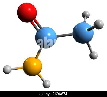 3D image de la formule squelettique de l'acétamide - structure chimique moléculaire de l'acide acétique amide isolé sur fond blanc Banque D'Images