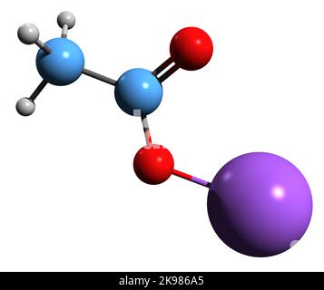 3D image de formule squelettique à l'acétate de sodium - structure chimique moléculaire de la glace chaude isolée sur fond blanc Banque D'Images