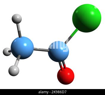 3D image de la formule squelettique du chlorure d'acétyle - structure chimique moléculaire du chlorure d'acyle isolé sur fond blanc Banque D'Images