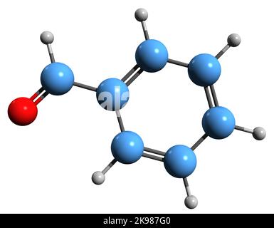 3D image de la formule squelettique du benzaldéhyde - structure chimique moléculaire du Benzenecarboxaldéhyde isolé sur fond blanc Banque D'Images