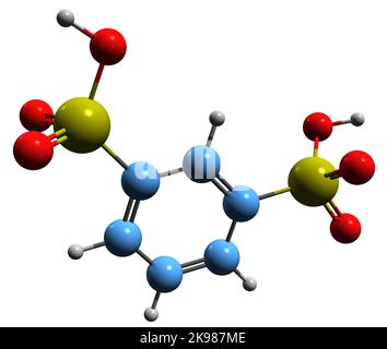 3D image de la formule squelettique de l'acide benzo-disulfonique - structure chimique moléculaire de l'acide sulfonique isolé sur fond blanc Banque D'Images