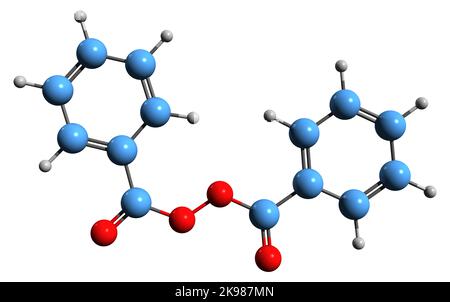 3D image de la formule squelettique du peroxyde de benzoyle - structure chimique moléculaire du peroxyde organique isolé sur fond blanc Banque D'Images