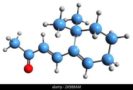 3D image de la formule squelettique bêta-ionone - structure chimique moléculaire du composé aromatique à l'huile essentielle isolé sur fond blanc Banque D'Images