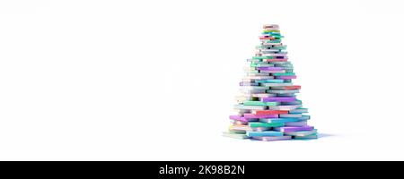 Arbre de Noël fait de livres colorés isolés sur fond blanc 3D rendu 3D illustration Banque D'Images