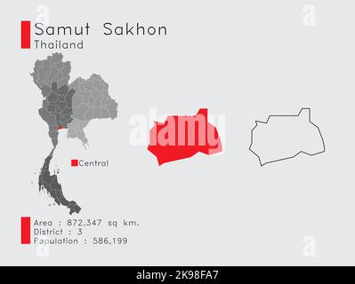 Un ensemble d'éléments infographiques pour la position de la province de Samut Sakhon en Thaïlande. Et population du district de la région et plan. Vecteur avec fond gris Illustration de Vecteur