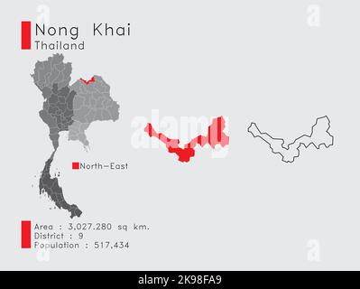 Un ensemble d'éléments infographiques pour la position de la province de Nong Khai en Thaïlande. Et population de district de la région et le plan. Vecteur avec arrière-plan gris. Illustration de Vecteur