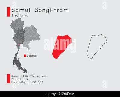 Un ensemble d'éléments infographiques pour la position de Samut Songkhram en Thaïlande. Et population de district de la région et plan. Vecteur avec fond gris Illustration de Vecteur