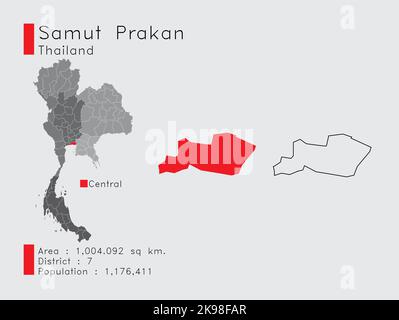 Un ensemble d'éléments infographiques pour la position de la province de Samut Prakan en Thaïlande. Et la population et l'esquisse du district de la région. Vecteur avec fond gris Illustration de Vecteur