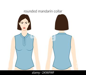 Col rond mandarin vêtements caractère belle dame bleu haut, chemise, robe technique mode illustration avec corps ajusté. Modèle de vêtements plats à l'avant et à l'arrière. Femmes, hommes unisex Illustration de Vecteur