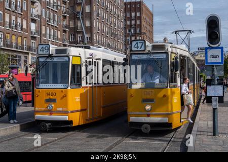 Budapest, Hongrie - 1st septembre 2022 : deux tramways jaunes dans le centre de Budapest Banque D'Images