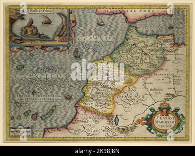 Carte ancienne colorée de Fès et du Royaume du Maroc par le cartographe néerlandais Jodocus Hondius ca. 1606 Banque D'Images