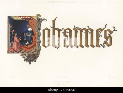 Premier J illuminé représentant Jean de France, duc de Berry, 1340-1416. Assis sur un trône dans un long manteau avec collier d'hermine. Johannes en calligraphie. Le Duc de Berri. 15th siècle. Des Archives du cher. Chromolithographie de Thurwanger d’après une illustration de Claudius Joseph Cirepai des Arts Somptuaires de Charles Louandre, The Sumptuary Arts, Hangard-Mauge, Paris, 1858. Banque D'Images