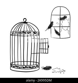 Illustration dessinée à la main de la cage avec des plumes de porte ouvertes fenêtre cassée. Concept libre de liberté, captivité d'asservissement. Esquisse à encre noire Banque D'Images