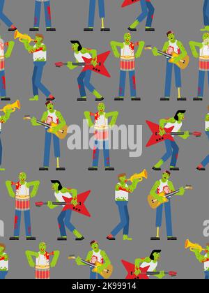 Motif de groupe de zombies sans couture. Zombie et guitare. Marche mort et tambour. zombi et trompette Illustration de Vecteur