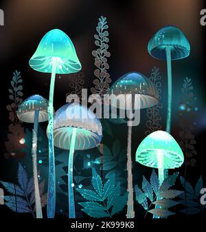 Tabourets de crapauds mystérieux, bioluminescents, hallucinogènes et lumineux avec buissons de plantes de marais sur fond nuit, sombre et lumineux. Champignons phosphorescents. Gobli Illustration de Vecteur