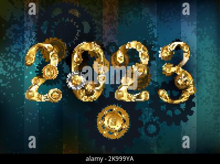 Numéros d'or 2023 avec engrenages en laiton, sur fond texturé, vieilli, turquoise, rayé. Nouvelle année. Style steampunk. Illustration de Vecteur