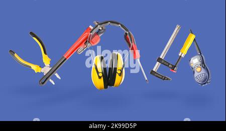 Casque Builder avec jeu de fournitures professionnelles sur fond bleu Banque D'Images