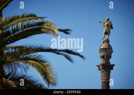 Catalogne capitale Barcelone en Espagne. Monument de Columbus 60m haut monument à Christophe Colomb à la Rambla Banque D'Images