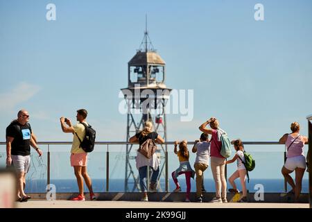 Catalogne capitale Barcelone en Espagne. Téléphérique de Port - plateforme d'observation de la gare Miramar Banque D'Images