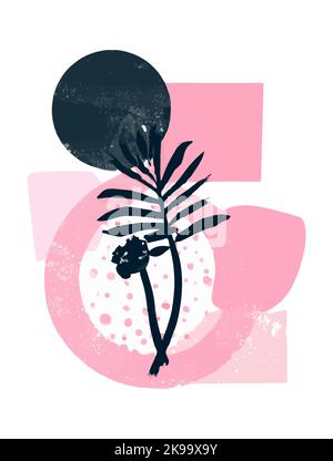 Œuvres d'art scandinaves dessinées à la main. Illustration vectorielle moderne avec feuilles tropicales, grunge, marbre, textures de sol en terrazzo, gribouillages et élément minimal Illustration de Vecteur