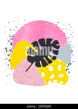 Œuvres d'art scandinaves dessinées à la main. Illustration vectorielle moderne avec feuilles tropicales, grunge, marbre, textures de sol en terrazzo, gribouillages et élément minimal Illustration de Vecteur