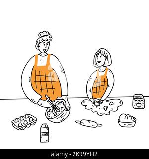 La mère et la fille cuisent des biscuits. Dessin vectoriel de la ligne Doodle de maman avec un enfant dans la cuisine cuisiner ensemble. Illustration de Vecteur