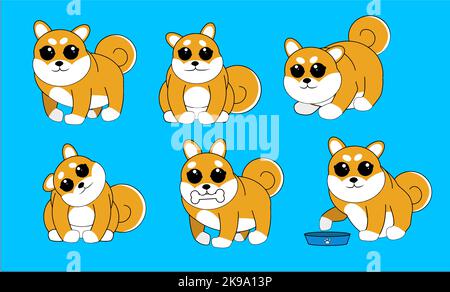 Différents chiens Shiba Inu se tiennent dans différentes poses ce paquet Illustration de Vecteur