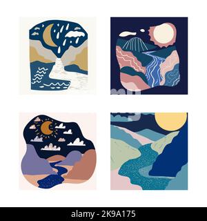 Illustration de style scandinave. Magnifique arrière-plan. Motif abstrait plat. Vue sur la montagne, vue sur la rivière. Montagnes, nuages, soleil, lune. Vecteur illust Illustration de Vecteur