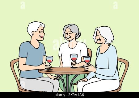 Les personnes âgées souriantes s'assoient à table dans le restaurant pour boire du vin en riant en se relaxant ensemble. Des amis joyeux et mûrs apprécient de passer du temps dans un café. Bonne maturité. Illustration vectorielle. Illustration de Vecteur