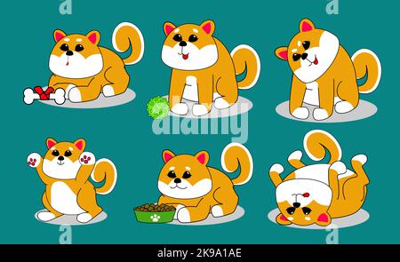 Mignon chien Shiba Inu se tient dans différentes poses mignon animal pack Illustration de Vecteur