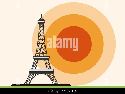 Tour Eiffel, Paris. Été parisien, affiche et couverture avec soleil dans un design plat Illustration de Vecteur
