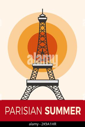 Tour Eiffel, Paris. Été parisien, affiche et couverture avec soleil dans un design plat Illustration de Vecteur