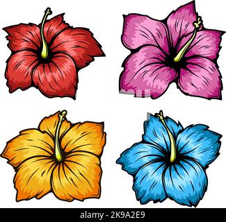 Ensemble d'illustrations de fleurs d'hibiscus. Éléments de design pour logo, étiquette, signe, t-shirt. Illustration vectorielle Illustration de Vecteur