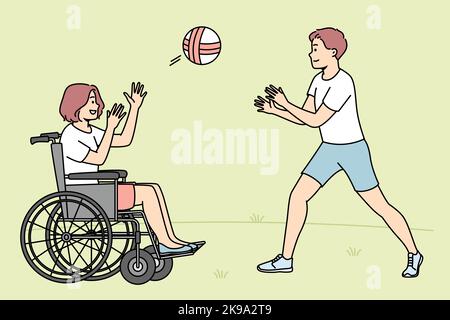 Joyeux garçon jouant au ballon avec une fille handicapée assise dans une chaise roulante. Les enfants souriants s'amusent à l'extérieur. Incapacité et déficience. Illustration vectorielle. Illustration de Vecteur