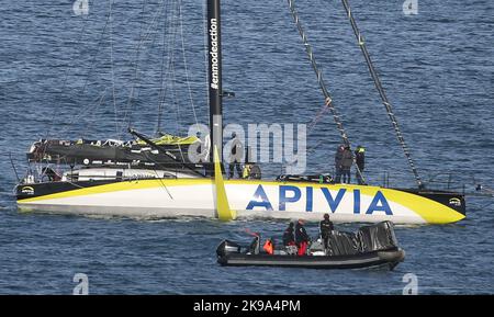 IMOCA APIVIA skipper Charlie Dalin pendant la route du Rhum-destination Guadeloupe 2022, course transatlantique solo, Saint-Malo - Guadeloupe (6 562 kilomètres) sur 26 octobre 2022 à Saint-Malo, France - photo Laurent Lairys / DPPI Banque D'Images