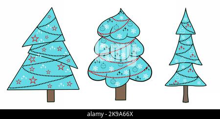 Ensemble de sapin de Noël simple. Illustration du dessin à la main, isolée sur fond blanc Banque D'Images