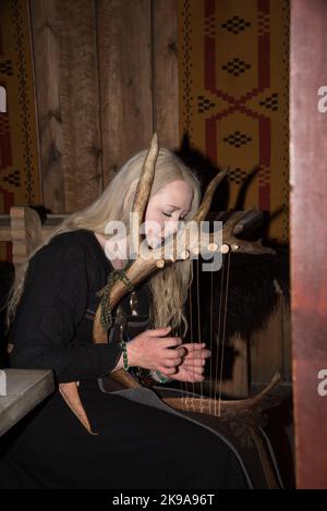 Une actrice viking jouant un instrument à cordes semblable à une harpe dans la maison de la chefferie Viking à Borg sur l'île Vestvågøya, dans l'archipel Lofoten, en Norvège. Banque D'Images