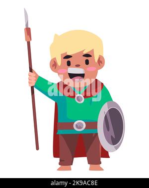 Gauls allemand guerrier médiéval enfant enfants portant le costume médiéval avec la couleur verte tenant le brochet et le bouclier Illustration de Vecteur