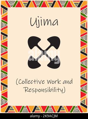 Une carte avec l'un des principes de Kwanzaa. Symbole Ujiima signifie travail collectif et responsabilité en swahili. Affiche avec un modèle ethnique africain dans Illustration de Vecteur