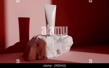 Modèle d'emballage des produits cosmétiques de beauté. Tube blanc sur un podium de rock. 3D rendu Banque D'Images