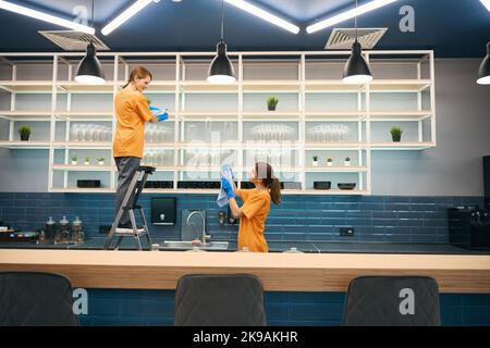 Les femmes communiquent lors du processus général de nettoyage dans la cuisine Banque D'Images