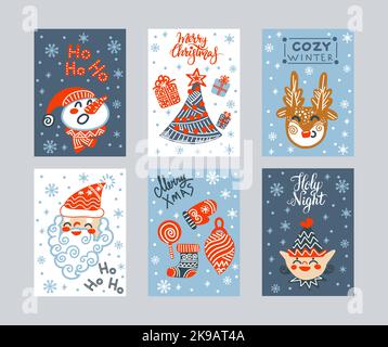 Jeu de cartes de vacances. Modèles artistiques universels abstraits avec symboles et lettres pour les fêtes d'hiver. Arbre de Noël, Père Noël, cerf, orf Illustration de Vecteur