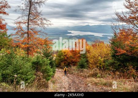 Girl ranker avec trekking bâtons de randonnée. Life tile actif. Une femme monte sur un sentier de montagne. Région Liptov en Slovaquie Banque D'Images