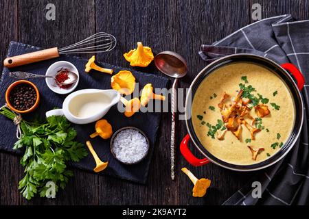 Kanttarellikeitto, soupe finlandaise Chanterelle en pot rouge sur table en bois sombre avec ingrédients sur fond, vue horizontale depuis le dessus, plat Banque D'Images