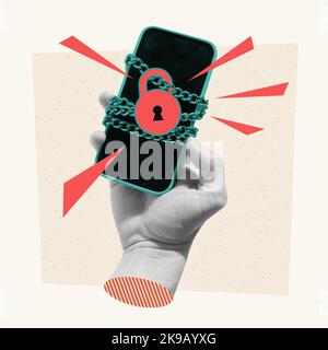 Collage d'art contemporain. Maleh téléphone portable avec chaînes symbolisant le haut niveau de securite Banque D'Images
