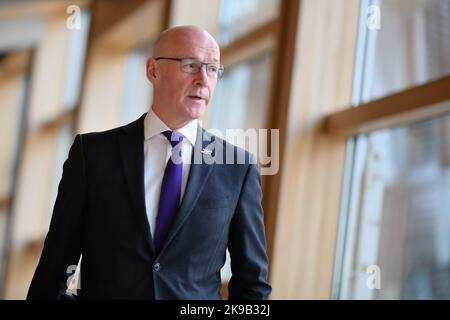 Edinburgh, Écosse, Royaume-Uni, 27 octobre 2022. John Swinney arrive pour les questions des premiers ministres au Parlement écossais. Credit sst/alamy Live news Banque D'Images