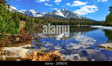 Reflet des collines enneigées du tarn Stbske Pleso dans les montagnes des Hautes Tatras, Slovaquie Banque D'Images