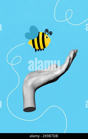 Creative Retro 3D magazine image de bras attrapant drôle de vol de l'abeille citron isolé toile de fond Banque D'Images